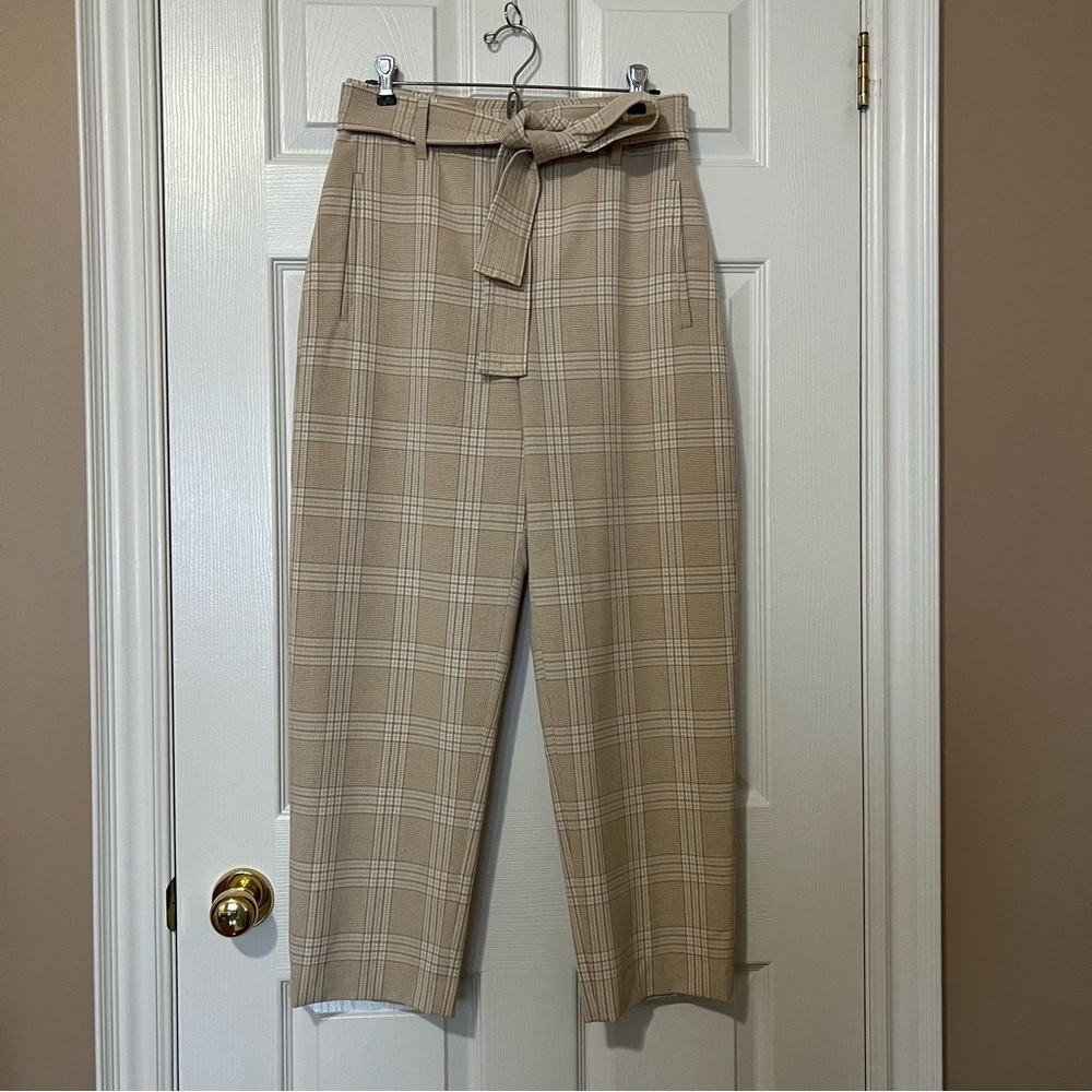 Aritzia Wilfred Beige White Plaid Jallade Tie Front Trousers Pants - Sz 8 - Picture 2 of 15
